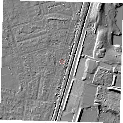 Shaded relief map of the ground around N98HN, computed from Environment Agency LiDAR. The ground here sits at about 13 m above sea level and falls 11 m across the surrounding 800 m. Surface water reaching this point runs off ground lying to the north-east, 2.7 m higher.