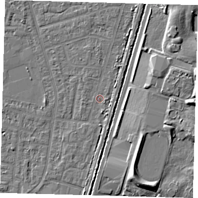 Shaded relief map of the ground around N98HP, computed from Environment Agency LiDAR. The ground here sits at about 12 m above sea level and falls 10 m across the surrounding 800 m. Surface water reaching this point runs off ground lying to the north-north-east, 2.7 m higher.