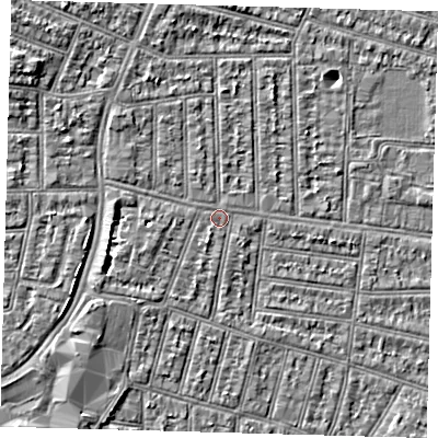 Shaded relief map of the ground around N98HX, computed from Environment Agency LiDAR. The ground here sits at about 13 m above sea level and falls 5 m across the surrounding 800 m. Surface water reaching this point runs off ground lying to the west-south-west, 1.2 m higher.