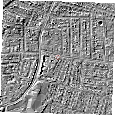 Shaded relief map of the ground around N98HY, computed from Environment Agency LiDAR. The ground here sits at about 13 m above sea level and falls 6 m across the surrounding 800 m. Surface water reaching this point runs off ground lying to the north-west, 5.3 m higher.