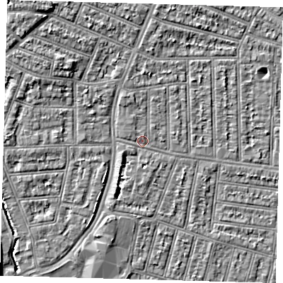 Shaded relief map of the ground around N98JA, computed from Environment Agency LiDAR. The ground here sits at about 13 m above sea level and falls 7 m across the surrounding 800 m. Surface water reaching this point runs off ground lying to the west, 4.4 m higher.