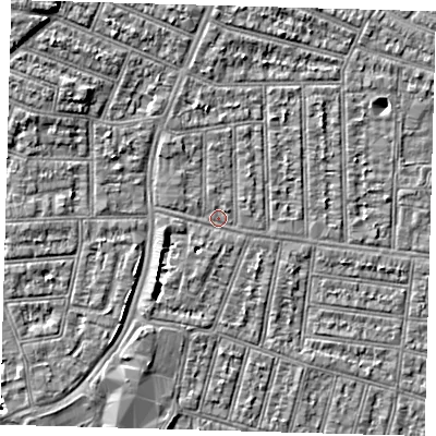 Shaded relief map of the ground around N98JB, computed from Environment Agency LiDAR. The ground here sits at about 13 m above sea level and falls 7 m across the surrounding 800 m. Surface water reaching this point runs off ground lying to the north-west, 5.3 m higher.