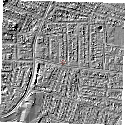 Shaded relief map of the ground around N98JD, computed from Environment Agency LiDAR. The ground here sits at about 13 m above sea level and falls 6 m across the surrounding 800 m. Surface water reaching this point runs off ground lying to the west-north-west, 5.2 m higher.