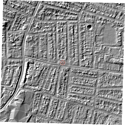 Shaded relief map of the ground around N98JE, computed from Environment Agency LiDAR. The ground here sits at about 13 m above sea level and falls 5 m across the surrounding 800 m. Surface water reaching this point runs off ground lying to the west-north-west, 3.9 m higher.
