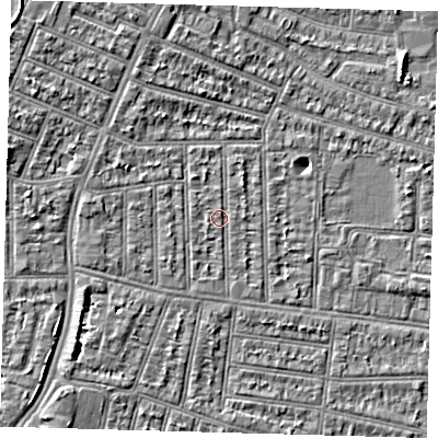 Shaded relief map of the ground around N98JG, computed from Environment Agency LiDAR. The ground here sits at about 13 m above sea level and falls 5 m across the surrounding 800 m. Surface water reaching this point runs off ground lying to the north-north-east, 1.1 m higher.