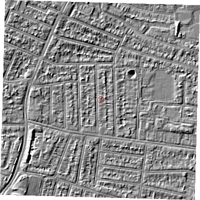 Shaded relief map of the ground around N98JH, computed from Environment Agency LiDAR. The ground here sits at about 13 m above sea level and falls 4 m across the surrounding 800 m. Surface water reaching this point runs off ground lying to the north, 1.1 m higher.