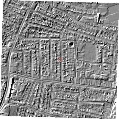 Shaded relief map of the ground around N98JJ, computed from Environment Agency LiDAR. The ground here sits at about 12 m above sea level and falls 4 m across the surrounding 800 m. Surface water reaching this point runs off ground lying to the north-north-west, 1.2 m higher.