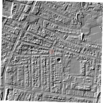 Shaded relief map of the ground around N98JN, computed from Environment Agency LiDAR. The ground here sits at about 12 m above sea level and falls 5 m across the surrounding 800 m. Surface water reaching this point runs off ground lying to the west-north-west, 4.0 m higher.