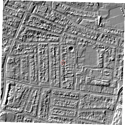 Shaded relief map of the ground around N98JP, computed from Environment Agency LiDAR. The ground here sits at about 13 m above sea level and falls 4 m across the surrounding 800 m. Surface water reaching this point runs off ground lying to the north-west, 1.2 m higher.