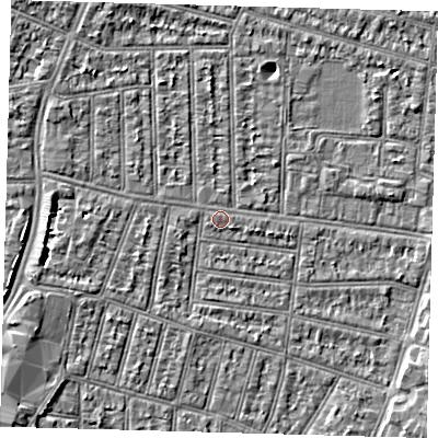 Shaded relief map of the ground around N98JR, computed from Environment Agency LiDAR. The ground here sits at about 13 m above sea level and falls 4 m across the surrounding 800 m. Surface water reaching this point runs off ground lying to the west, 1.3 m higher.