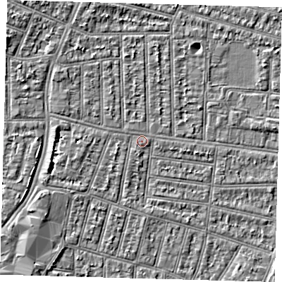 Shaded relief map of the ground around N98JS, computed from Environment Agency LiDAR. The ground here sits at about 13 m above sea level and falls 5 m across the surrounding 800 m. Surface water reaching this point runs off ground lying to the west, 1.2 m higher.