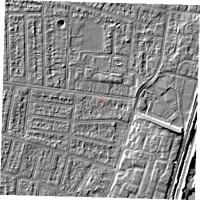 Shaded relief map of the ground around N98LA, computed from Environment Agency LiDAR. The ground here sits at about 12 m above sea level and falls 13 m across the surrounding 800 m. Surface water reaching this point runs off ground lying to the south-west, 0.6 m higher.