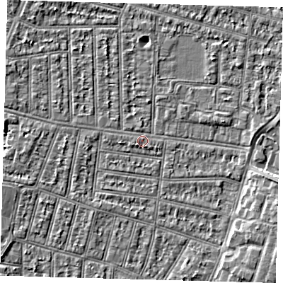 Shaded relief map of the ground around N98LB, computed from Environment Agency LiDAR. The ground here sits at about 12 m above sea level and falls 4 m across the surrounding 800 m. Surface water reaching this point runs off ground lying to the west, 1.6 m higher.