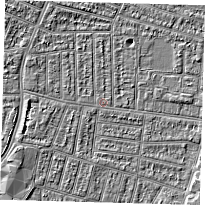 Shaded relief map of the ground around N98LD, computed from Environment Agency LiDAR. The ground here sits at about 13 m above sea level and falls 4 m across the surrounding 800 m. Surface water reaching this point runs off ground lying to the west-south-west, 1.2 m higher.