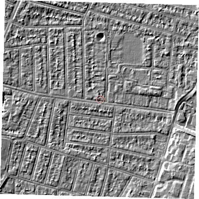 Shaded relief map of the ground around N98LE, computed from Environment Agency LiDAR. The ground here sits at about 12 m above sea level and falls 4 m across the surrounding 800 m. Surface water reaching this point runs off ground lying to the west, 1.8 m higher.