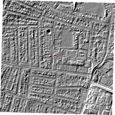 Shaded relief map of the ground around N98LH, computed from Environment Agency LiDAR. The ground here sits at about 12 m above sea level and falls 6 m across the surrounding 800 m. The ground contributing surface water to this point lies to the north-west.