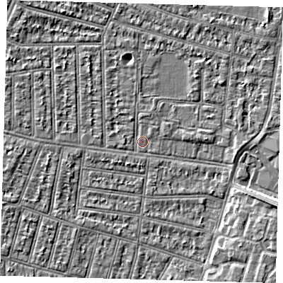 Shaded relief map of the ground around N98LJ, computed from Environment Agency LiDAR. The ground here sits at about 12 m above sea level and falls 5 m across the surrounding 800 m. Surface water reaching this point runs off ground lying to the west, 1.9 m higher.