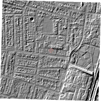 Shaded relief map of the ground around N98LL, computed from Environment Agency LiDAR. The ground here sits at about 12 m above sea level and falls 8 m across the surrounding 800 m. Surface water reaching this point runs off ground lying to the north-west, 1.8 m higher.