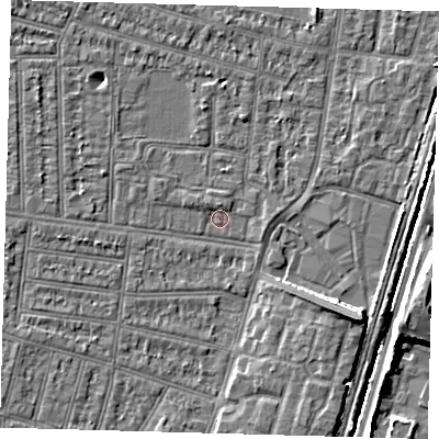 Shaded relief map of the ground around N98LN, computed from Environment Agency LiDAR. The ground here sits at about 12 m above sea level and falls 8 m across the surrounding 800 m. Surface water reaching this point runs off ground lying to the north-west, 1.8 m higher.