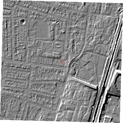 Shaded relief map of the ground around N98LP, computed from Environment Agency LiDAR. The ground here sits at about 12 m above sea level and falls 8 m across the surrounding 800 m. Surface water reaching this point runs off ground lying to the west-north-west, 1.6 m higher.