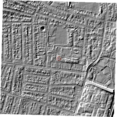 Shaded relief map of the ground around N98LQ, computed from Environment Agency LiDAR. The ground here sits at about 12 m above sea level and falls 8 m across the surrounding 800 m. Surface water reaching this point runs off ground lying to the north-west, 0.6 m higher.