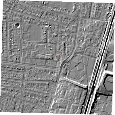 Shaded relief map of the ground around N98LS, computed from Environment Agency LiDAR. The ground here sits at about 12 m above sea level and falls 8 m across the surrounding 800 m. Surface water reaching this point runs off ground lying to the south-south-east, 1.1 m higher.