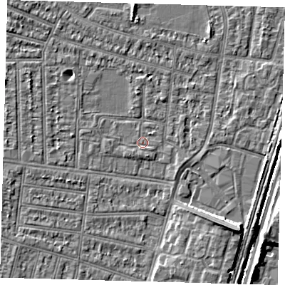 Shaded relief map of the ground around N98LT, computed from Environment Agency LiDAR. The ground here sits at about 12 m above sea level and falls 8 m across the surrounding 800 m. Surface water reaching this point runs off ground lying to the south-east, 6.7 m higher.