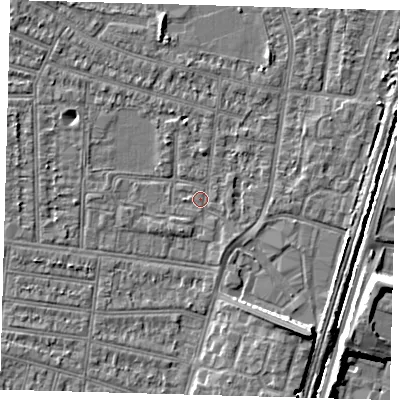 Shaded relief map of the ground around N98LU, computed from Environment Agency LiDAR. The ground here sits at about 12 m above sea level and falls 8 m across the surrounding 800 m. Surface water reaching this point runs off ground lying to the south-east, 7.0 m higher.