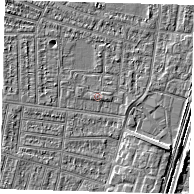 Shaded relief map of the ground around N98LW, computed from Environment Agency LiDAR. The ground here sits at about 13 m above sea level and falls 8 m across the surrounding 800 m. Surface water reaching this point runs off ground lying to the east, 1.0 m higher.