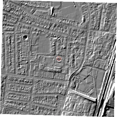 Shaded relief map of the ground around N98LX, computed from Environment Agency LiDAR. The ground here sits at about 12 m above sea level and falls 8 m across the surrounding 800 m. Surface water reaching this point runs off ground lying to the south-east, 6.7 m higher.