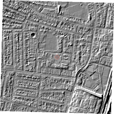 Shaded relief map of the ground around N98LY, computed from Environment Agency LiDAR. The ground here sits at about 12 m above sea level and falls 8 m across the surrounding 800 m. Surface water reaching this point runs off ground lying to the south-east, 6.7 m higher.