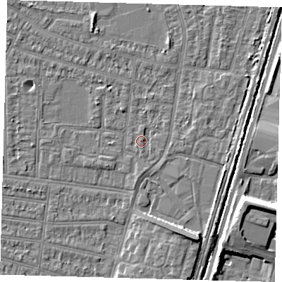 Shaded relief map of the ground around N98LZ, computed from Environment Agency LiDAR. The ground here sits at about 12 m above sea level and falls 8 m across the surrounding 800 m. Surface water reaching this point runs off ground lying to the south-south-east, 7.0 m higher.
