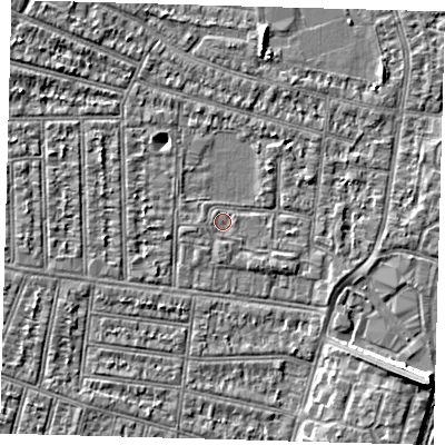 Shaded relief map of the ground around N98NA, computed from Environment Agency LiDAR. The ground here sits at about 12 m above sea level and falls 7 m across the surrounding 800 m. Surface water reaching this point runs off ground lying to the south, 0.7 m higher.