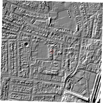 Shaded relief map of the ground around N98NB, computed from Environment Agency LiDAR. The ground here sits at about 12 m above sea level and falls 8 m across the surrounding 800 m. Surface water reaching this point runs off ground lying to the south-east, 6.7 m higher.