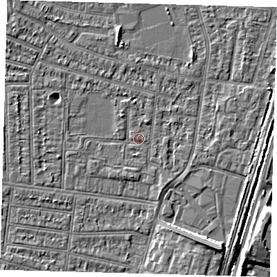 Shaded relief map of the ground around N98ND, computed from Environment Agency LiDAR. The ground here sits at about 12 m above sea level and falls 8 m across the surrounding 800 m. Surface water reaching this point runs off ground lying to the south-east, 7.0 m higher.