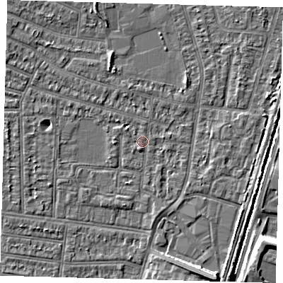 Shaded relief map of the ground around N98NE, computed from Environment Agency LiDAR. The ground here sits at about 12 m above sea level and falls 8 m across the surrounding 800 m. Surface water reaching this point runs off ground lying to the south-south-east, 7.0 m higher.
