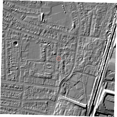 Shaded relief map of the ground around N98NG, computed from Environment Agency LiDAR. The ground here sits at about 12 m above sea level and falls 8 m across the surrounding 800 m. Surface water reaching this point runs off ground lying to the south-south-east, 7.0 m higher.