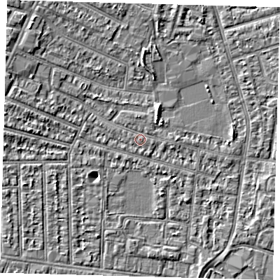 Shaded relief map of the ground around N98NN, computed from Environment Agency LiDAR. The ground here sits at about 12 m above sea level and falls 4 m across the surrounding 800 m. Surface water reaching this point runs off ground lying to the west-north-west, 2.5 m higher.