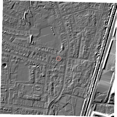 Shaded relief map of the ground around N98NP, computed from Environment Agency LiDAR. The ground here sits at about 12 m above sea level and falls 9 m across the surrounding 800 m. Surface water reaching this point runs off ground lying to the south-south-west, 2.2 m higher.