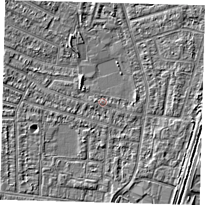 Shaded relief map of the ground around N98NR, computed from Environment Agency LiDAR. The ground here sits at about 12 m above sea level and falls 4 m across the surrounding 800 m. Surface water reaching this point runs off ground lying to the north-west, 1.6 m higher.