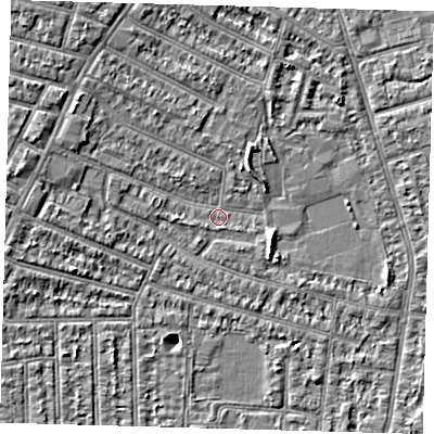 Shaded relief map of the ground around N98NT, computed from Environment Agency LiDAR. The ground here sits at about 12 m above sea level and falls 5 m across the surrounding 800 m. Surface water reaching this point runs off ground lying to the north-west, 3.4 m higher.