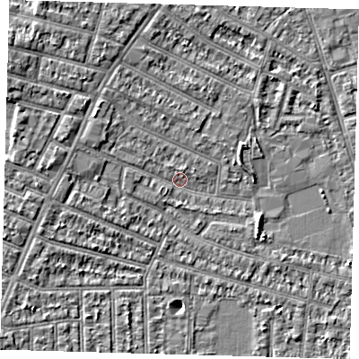 Shaded relief map of the ground around N98NU, computed from Environment Agency LiDAR. The ground here sits at about 12 m above sea level and falls 6 m across the surrounding 800 m. Surface water reaching this point runs off ground lying to the west, 2.9 m higher.