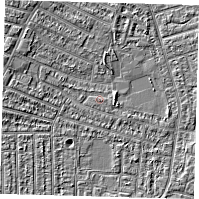Shaded relief map of the ground around N98NW, computed from Environment Agency LiDAR. The ground here sits at about 13 m above sea level and falls 4 m across the surrounding 800 m. Surface water reaching this point runs off ground lying to the east, 1.6 m higher.