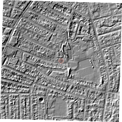 Shaded relief map of the ground around N98NX, computed from Environment Agency LiDAR. The ground here sits at about 12 m above sea level and falls 4 m across the surrounding 800 m. Surface water reaching this point runs off ground lying to the north-west, 3.3 m higher.