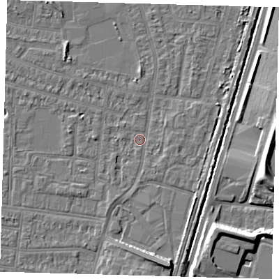 Shaded relief map of the ground around N98PP, computed from Environment Agency LiDAR. The ground here sits at about 12 m above sea level and falls 10 m across the surrounding 800 m. Surface water reaching this point runs off ground lying to the south-south-east, 7.0 m higher.