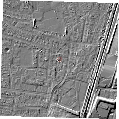 Shaded relief map of the ground around N98PR, computed from Environment Agency LiDAR. The ground here sits at about 12 m above sea level and falls 8 m across the surrounding 800 m. Surface water reaching this point runs off ground lying to the south-south-east, 7.0 m higher.