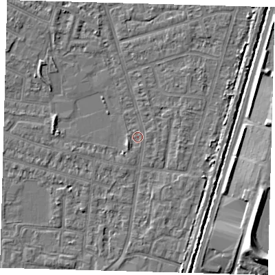Shaded relief map of the ground around N98PS, computed from Environment Agency LiDAR. The ground here sits at about 12 m above sea level and falls 9 m across the surrounding 800 m. Surface water reaching this point runs off ground lying to the west-north-west, 2.5 m higher.