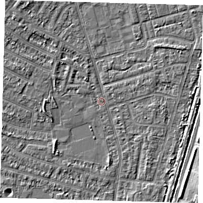 Shaded relief map of the ground around N98PT, computed from Environment Agency LiDAR. The ground here sits at about 12 m above sea level and falls 5 m across the surrounding 800 m. Surface water reaching this point runs off ground lying to the north-west, 2.1 m higher.