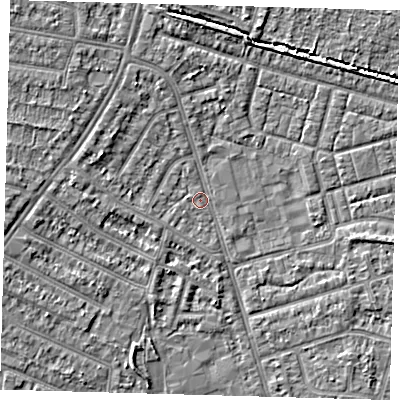 Shaded relief map of the ground around N98PU, computed from Environment Agency LiDAR. The ground here sits at about 13 m above sea level and falls 4 m across the surrounding 800 m. Surface water reaching this point runs off ground lying to the north-north-west, 2.3 m higher.