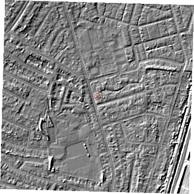 Shaded relief map of the ground around N98PX, computed from Environment Agency LiDAR. The ground here sits at about 13 m above sea level and falls 4 m across the surrounding 800 m. Surface water reaching this point runs off ground lying to the north-west, 3.2 m higher.